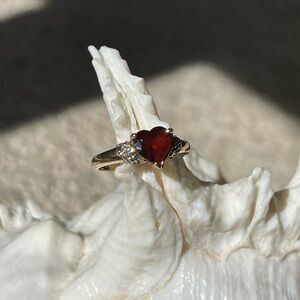 Elegant Red Garnet Heart Ring with Pave diamonds in 10k gold